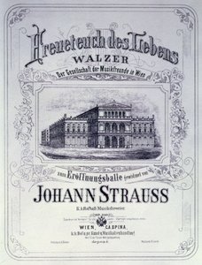 Affiche publicitaire pour Freueteuch des Lebens, une valse de Johann Strauss le Jeune à introduire lors d